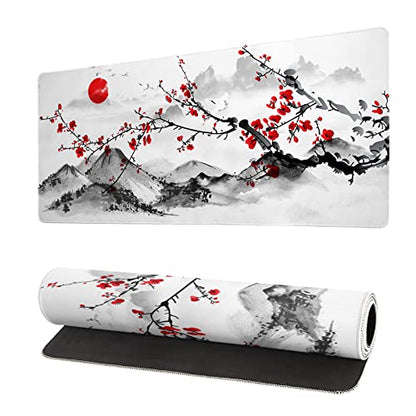 Japanese Cherry Blossom Gaming Mouse Pad 27.6x11.8 Inch Pink Full Desk Sakura Large Non-Slip Rubber Base Waterproof Big Keyboard Mat With Stitched Edges for Office - color: Cherry Blossom