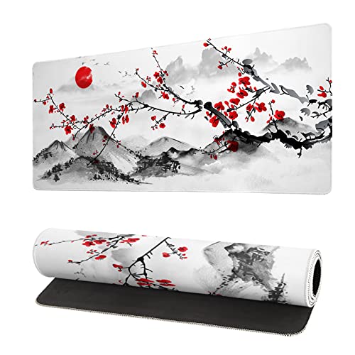 Japanese Cherry Blossom Gaming Mouse Pad 27.6x11.8 Inch Pink Full Desk Sakura Large Non-Slip Rubber Base Waterproof Big Keyboard Mat With Stitched Edges for Office - color: Cherry Blossom