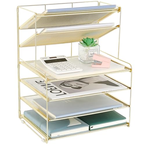 OPNICE Desk Organizer, 6-Tier Letter Tray Paper Organizer, Desktop File Organizer, Office Desk Accessories & Office Decor for Women, Workspace Organizer for Office Supplies(Gold) - color: Gold, size: 12.9" x 9" x 13.3"