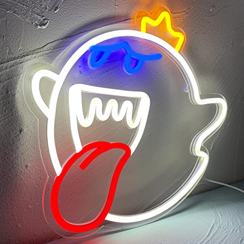 Neon Sign King Boo The Ghost Face LED Neon Light Mario Lamp Acrylic Sign for Game Room Decor Gaming Light Accessory Gifts for Boy Room Decor (White)