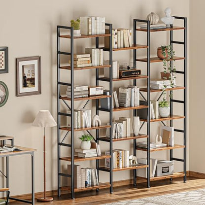 SUPERJARE Triple Bookshelf, Bookcase with 17 Open Display Shelves, Wide Book Shelf Book Case for Home & Office, 6 Tier, Brown, ABC003Z - color: Rustic Brown, size: 6 Tier