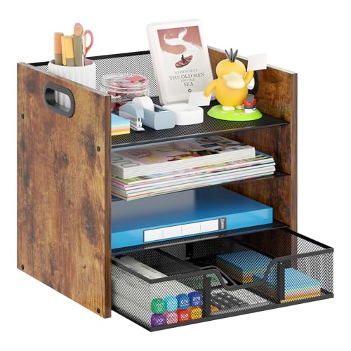 Desk Organizer - 4 Tier Desktop File Organizer with Drawer, Wooden Paper Tray Organizer, Office Desk Accessories Organizer for Papers, Mail, Notebooks, Stationery - size: 4 Tier Drawer