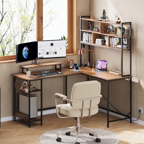 DEVAISE 60 Inch L Shaped Gaming Desk with Drawers and Storage, Corner Desk with LED Lights, Power Outlets, Computer Desk with Monitor Stand, Office Desk for Home, Rustic Brown - color: Rustic Brown, size: 60 Inch