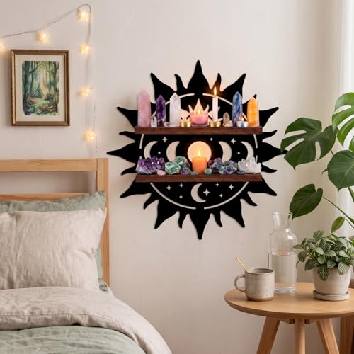 Moxweyeni Crystal Display Shelf for Wall, 11.8 Inch Sun Shape Floating Wooden Shelf with Iron Backing, Boho Wall Hanging Decor Organizer for Crystals, Stones, Gems, Home - style: Sun