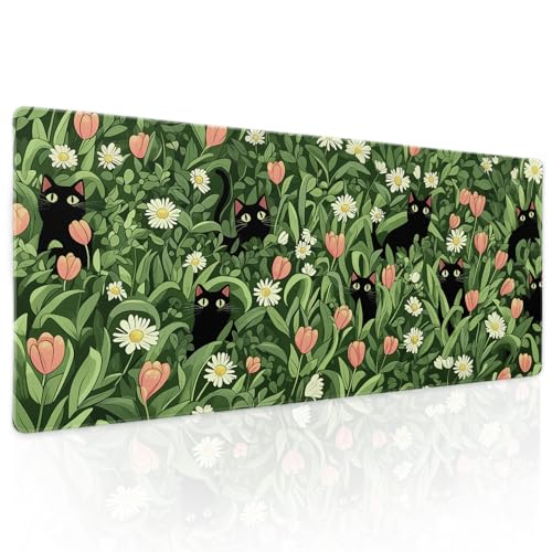 Kawaii Green Plant Gaming Mouse Pad XL Cute Black Cat Flower Cottagecore Extended Big Large Desk Mat Non-Slip Rubber Base Stitched Edge Long Keyboard Mousepad for PC Computer Laptop,31.5×11.8 in - color: Cute Japanese-cat, size: X-Large