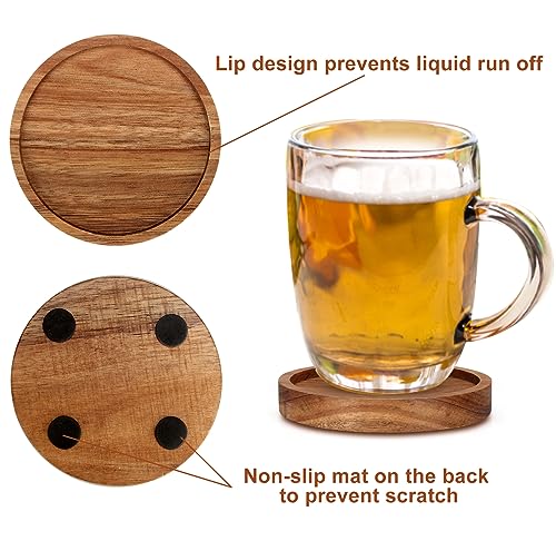 4 Pcs Farmhouse Wooden Coasters with Holder Cute Wood Drink Coaster Set Outdoor Beer Costers Home Decoration Coffee Table Decor Gift Cup Coaster Bar Kitchen Dining Table Accessories Modern Coasters - style: 4 Pcs Round