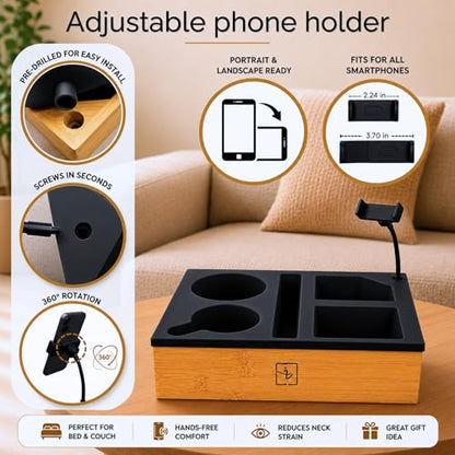Couch Caddy with Cup Holder | Wood Couch Cup Holder Tray for Drinks, Snacks & Remotes | Sofa Couch Organizer with Phone & Cup Holder Tray (Black) - color: Black