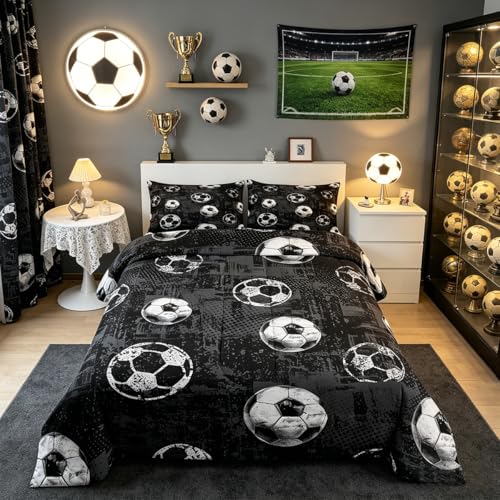 jejeloiu Boys 3D Soccer Comforter Set Queen Size Kids Football Bedding Set for Girls Teens Sports Ball Gaming Duvet Quilt Room Decor - color: Multi 200, size: Queen