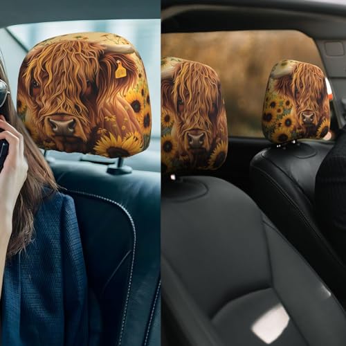 Dujiea 2 Pack Highland Cow Sunflowers Car Headrest Covers, Universal Soft Car Seat Head Rest Cover Protector, Vehicle Accessories Fabric Headrest Cover for Cars Vans Trucks - color: Highland Cow Sunflowers