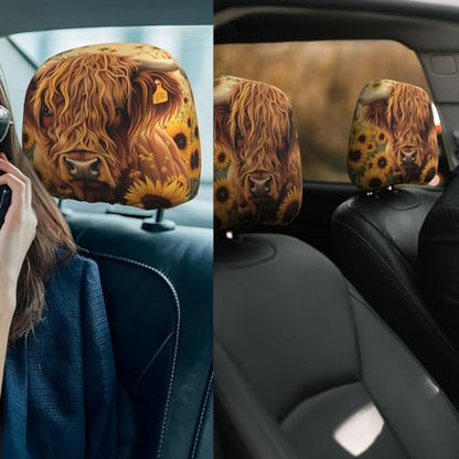 Dujiea 2 Pack Highland Cow Sunflowers Car Headrest Covers, Universal Soft Car Seat Head Rest Cover Protector, Vehicle Accessories Fabric Headrest Cover for Cars Vans Trucks - color: Highland Cow Sunflowers