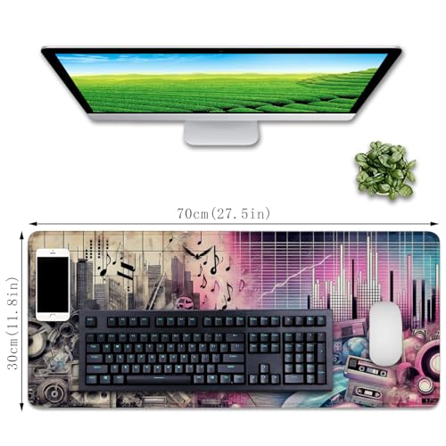 Music Theme Mouse Pad Desk Mat, Big Mousepad (27.5X11.8 in) | Non-slip base, high-density smooth surface with no stuttering,Washable and colorfast,suitable for office, study, and gaming - color: Chillwave Music