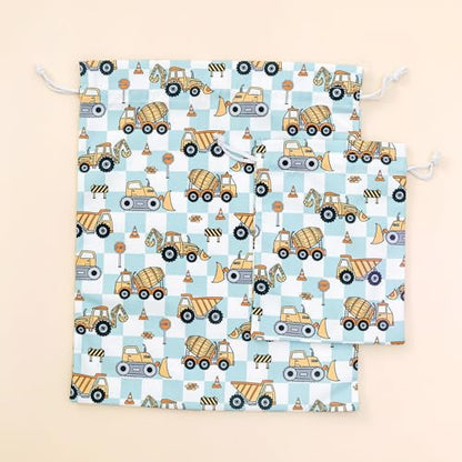Gather & Knot Drawstring Gift Bags | 20" Large 12" Small | Premium Canvas | Reusable Fabric Wrap for Boys Birthdays, Baby Shower | Construction - color: Construction