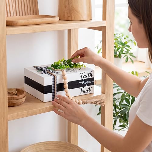 Capoda 3 Pcs Decorative Books for Home Decor Farmhouse Faux Stacked Books Wooden Rustic Table Decor with Bead Garland Twine Ribbon Faux Leaf for Table (Faith) - style: Faith
