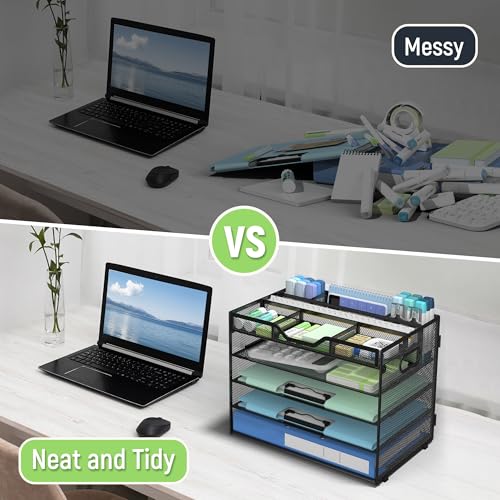 Docnest 5 Tier Mesh Desk Organizer with Adjustable Compartments - Stackable Letter Tray with Built-in Pen Holder & Handles - Desktop File Storage for Office, Home, School Supplies - Black - color: Black