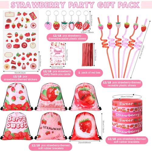 LemonRoad 73 Pcs Strawberry Party Favors Set Birthday Supplies Includes Drawstring Bags Backpack Keychains Bracelets Stickers Straws Tags for Birthday Party Favors Rewards Gifts - style: Strawberry