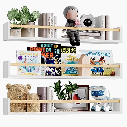 Fixwal Nursery Book Shelves, 23.6 Inch Floating Bookshelves for Wall Set of 3, Baby Nursery Decor, Solid Wood Wall Mounted Shelves for Books, Toys and Decor Storage (White and Natural Wood) - color: White and Natural, size: 23.6inches