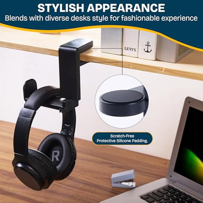 Headphone Stand for Desk - Clamp On Headset Holder with 360° Rotation & Cable Management - Universal Desktop Headphone Hanger Hook for All Headsets
