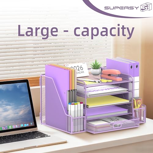 SUPEASY Mesh Desk Organizer with File Holder, 5-Tier Paper Letter Tray Organizer with Magazine Holder, Desktop Organizer and Storage with Drawer for Office Supplies Home or School (Purple) - color: Purple