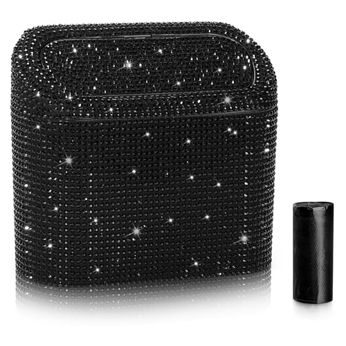 Accmor Bling Car Trash Can with Lid, Mini Vehicle Garbage Organizer Storage Bin Dustbin, Sparkling Crystal Rhinestone Holder Container with 30pcs Garbage Bags Car Accessories - color: Black/Black Rhinestone
