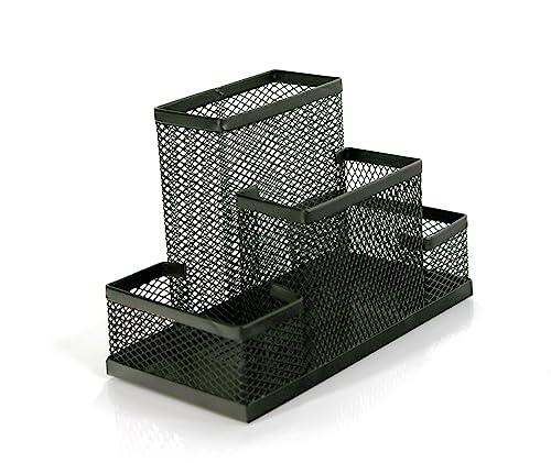 Huron Pen Holder and Desk Organizer Caddy, 4 Compartment Storage for Pencils Pens Sticky Notes Office Desk Accessories for Home Office,Black Steel Mesh (1/4/24/96) (1 pc)