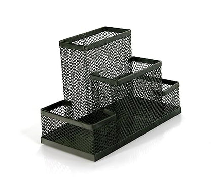 Huron Pen Holder and Desk Organizer Caddy, 4 Compartment Storage for Pencils Pens Sticky Notes Office Desk Accessories for Home Office,Black Steel Mesh (1/4/24/96) (1 pc)