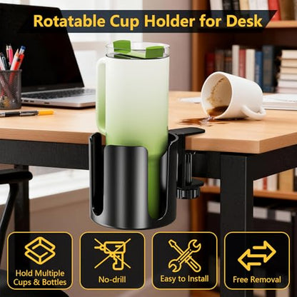 Desk Cup Holder Clip On with Buckle Clamp,Deeper Anti-Spill Drink Table Holder for Water Bottles & Coffee Mugs,Adjustable Large Metal Clamp Fits Desks for Office & Gaming,Home,Black - size: 3.94"L x 3.94"W x 3.94"H
