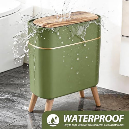 suyika Automatic Trash Can, 2.6 Gallon/10L Bathroom Trash Can with Lid - Wood Grain Lid and Legs, Touchless Waterproof Garbage Bin for Bedroom, Bathroom, Office, Living Room - color: Green