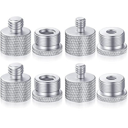 Moxweyeni 8 Pcs Mic Stand Adapter 5/8 Female to 3/8 Male, 3/8 Female to 5/8 Male, 5/8 to 1/4 and 1/4 to 5/8 Screw Mic Thread Adapter Set for Microphone(Silver) - color: Silver