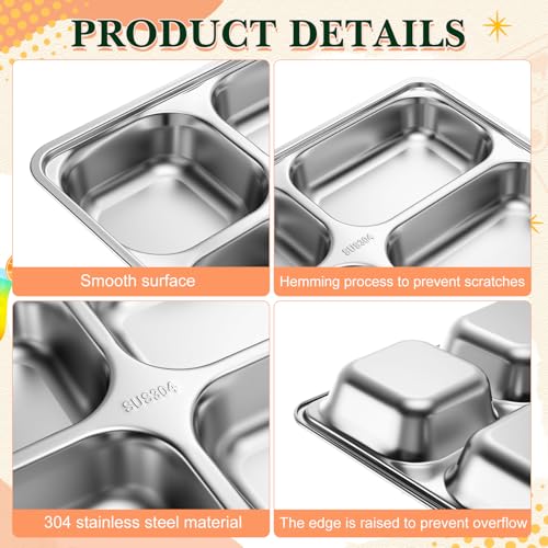 Foaincore 8 Pack 304 Stainless Steel Divided Plates Rectangular Portion Control Plates with Compartments Unbreakable Metal Food Tray for Lunch, Dinner, Camping, Heavy Gauge (4 Compartment) - style: 4 Compartment