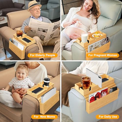 MinBoo Sofa Arm Tray Bamboo with Side Storage Pocket Couch Arm Table Cup Holder Absorbent Pad Foldable Portable Sofa Arm Chair Table for Drink Cups EatsSnacks Phone Remote Home Gift Accessory
