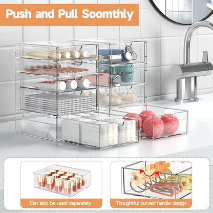 Makeup Drawer Storage Organizer with 16 Drawers, 4 Set Acrylic Office Desk Organization and Storage, Dustproof Drawer Organizer for Makeup, Office, Countertop, Jewelry, Pen, Desktop, Bathroom, Bedroom - size: 16 Drawers