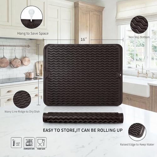 MicoYang Silicone Dish Drying Mat — Quick-Dry Ridges Counter & Sink Pad, Heat-Resistant Trivet to 450°F, Non-Slip & Dishwasher Safe, Roll-Up Storage, 18 Colors & 9 Sizes (Coffee, 16"×12") - color: Coffee, size: 16"L x 12"W