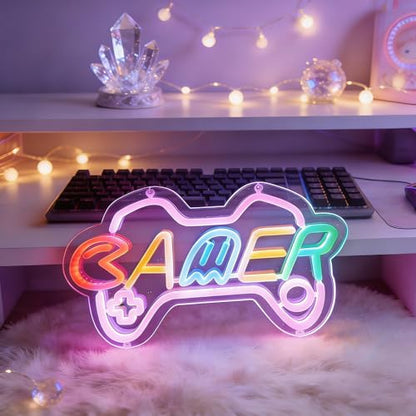 Gamer Neon Sign for girl room decor, 15 * 9 inch Pink Gaming led lights with USB Power and Dimmer Switch for game room decor,adult and Kids - style: pink-gamer