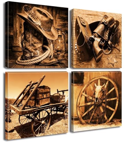 DJSYLIFE Western Decor Cowboy Wall Art Canvas Poster, 12" x 12" x 4pcs | Framed,HD Print,Solid wood Inner Frame，Ready to Hang for Men's Bedroom Office Home Decoration - color: Western