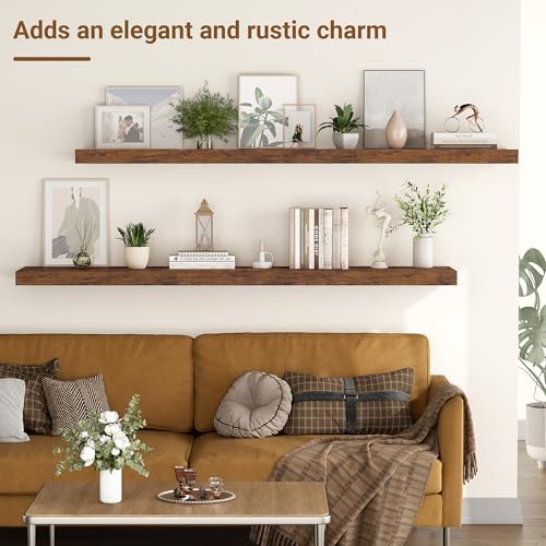 48 Inch Floating Shelves, 12 Inch Deep Floating Shelves for Wall, Extra Deeper & Thicker Wooden Wall Shelf with Invisible Brackets, Shelf for Bedroom Home Decor（Rustic Brown, Set of 2） - color: Rustic Brown, size: 48"W x 12"D x 2"H, Set of 2