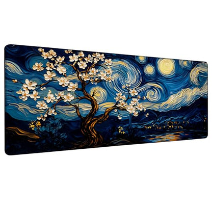 Starry Night Over A Blossom Tree Gaming Mouse Pad Large Desk Mat Extended Keyboard Anime Mousepad with Non-Slip Base and Stitched Edge for Desk Home Office Gaming,31.5 x 11.8 Inch - color: Starry Night over A Blossom Tree, size: 11.8*31.5inch