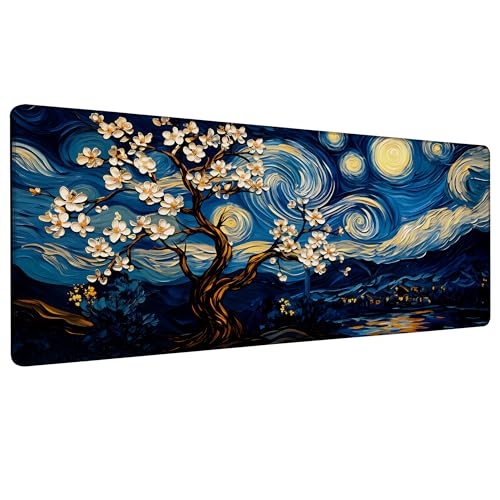 Starry Night Over A Blossom Tree Gaming Mouse Pad Large Desk Mat Extended Keyboard Anime Mousepad with Non-Slip Base and Stitched Edge for Desk Home Office Gaming,31.5 x 11.8 Inch - color: Starry Night over A Blossom Tree, size: 11.8*31.5inch