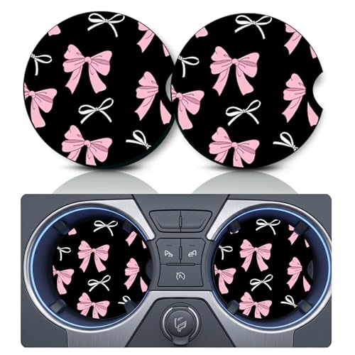 2PCS Black Background 4 Pink Bows Car Cup Holder Coasters, Cars Coasters for Cup Holders, 2.75" Universal Anti Slip Rubber Mat with Finger Slot, Bow Pattern Car Accessories Interior Decor, Bow Gifts - color: 4 Bow