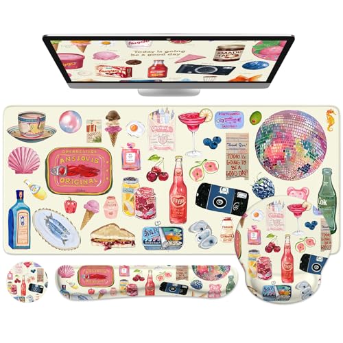iLeadon Large Desk Cover Mat, Non Slip Gel Mouse Pad with Wrist Support Extra Large, Computer Desk Mat with Keyboard Wrist Rest and Mouse Pad Set, Computer Mats for Desktop Women (Vintage Stickers) - color: Beige