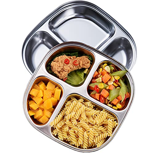 Set of 2 Stainless Steel Dinner Plates 4 Sections Divided Platter Dinner Tray - Lightweight Metal Plate for Adults and Campers, Portion Control Bariatric Weight Loss and Diabetic Diet Plates - size: F4C (4 Sections)