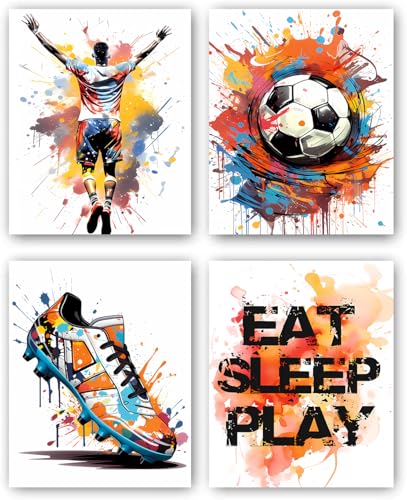 Graffiti Soccer Wall Art,Sport Graffiti Art Soccer Shoes Posters Pictures Sports Theme Colorful Football Canvas Paintings for Bedroom Boys Room Kids Playroom Home Decoration Set of 4(8"x10",Unframed) - color: Unframed-- Graffiti Soccer Wall Art