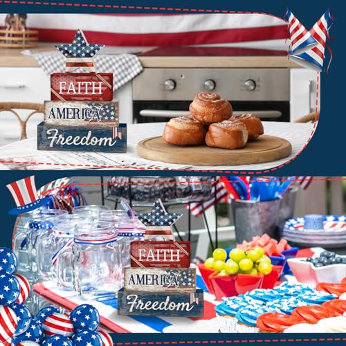 Britimes 4 Pcs Patriotic Independence Day Tiered Tray Decor Set, 4th of July Table Sign Farmhouse Red White Blue Rustic Wooden Block Stack Sign Memorial Day Decorations for Home Office (Star) - style: Star