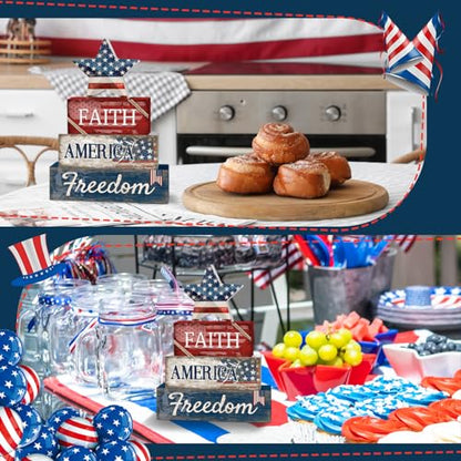 Britimes 4 Pcs Patriotic Independence Day Tiered Tray Decor Set, 4th of July Table Sign Farmhouse Red White Blue Rustic Wooden Block Stack Sign Memorial Day Decorations for Home Office (Star) - style: Star