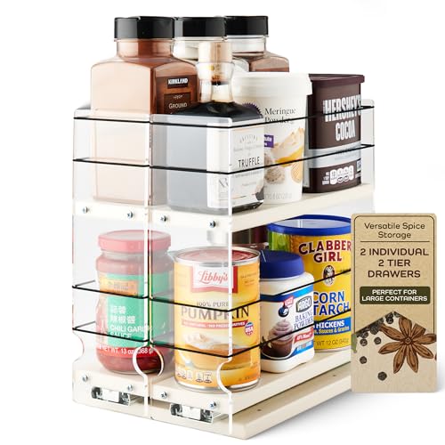 Vertical Spice - Large Pullout Sliding Spice Rack Organizer - 2 Individual 2 Tier Drawers - Premium Rolling Seasoning Holder/Caddy for Hidden Pantry Storage - Made in USA (6.9''W x 10.75" H x 10.6''D) - color: 2-3.25" Drawers, 2-Tier Cream Partially Assem