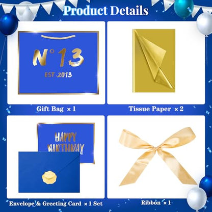 JWSCYSY 13th Blue Birthday Gift Bag with Card, Tissue Paper and Ribbon for Men Boys Birthday Party Favor, Presents Wrapping (12.6" EST 2013) - color: 13TH