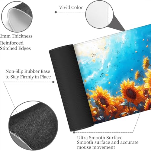 Sunflower Field Large Mouse Pad Blue Sky Golden Petals Summer Light Painting Gaming Mouse Pad Mat with Stitched Edge Non-Slip Base 31.5x11.8 Inch - color: Sunflower Field