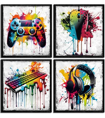 4Pcs Game Canvas Wall Art Graffiti Gamepad Headphones Poster Prints Retro Video Gaming Room Pictures Wall Decor for Gamer Boys Bedroom Kids Dorm Playroom Teen Men Cool Home Decoration 16x16in Unframed - color: Game Poster, size: 16"l X 16"w