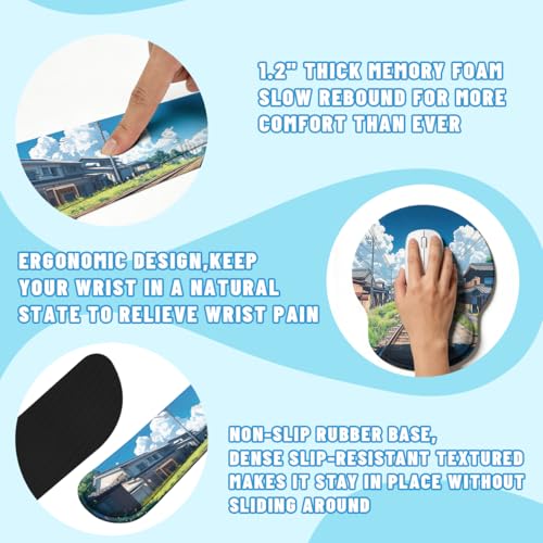 Anime Landscape Desk Mat Set Japanese Railway Summer Sky Town Mouse Pad with Wrist Rest 4in1 Desk Mat for Desktop Ergonomic Computer Desk Arm Wrist Anti-Slip Computer Mouse Pad Home Office Gaming - color: Anime Landscape