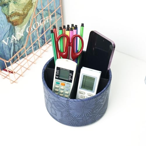 Round Leather Art Supply Organizer,Remote Control Holder,360 Degree Spinning,Multi-Functional Pencil Holder,4 Compartments Desktop Stationary Organizer(1-Carved Blue) - color: 1-Carved Blue