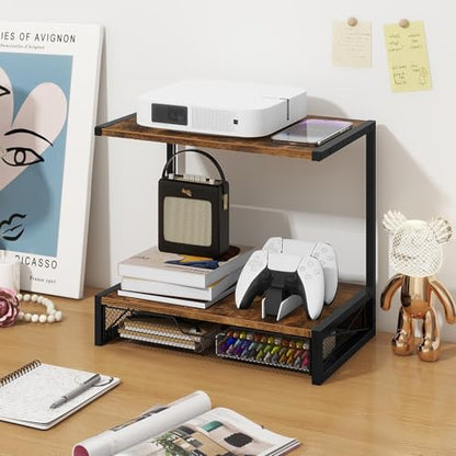 ELITEROO 2-Tier Desktop Printer Stand with Storage Drawer, Wooden Printer Stand for Desk, Small Printer Table with Shelf for Home Office, Fits Fax Machine, Scanner, 3D Printer, Rustic Brown - color: Rustic Brown with Drawer